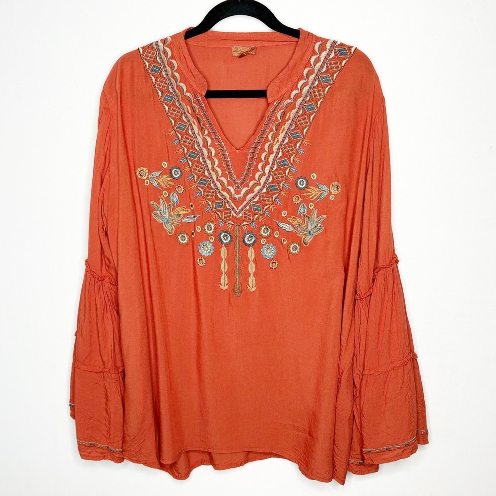 Scully Womens 2XL Rust Orange Embroidered Tiered Bell Sleeve Boho Peasant Top